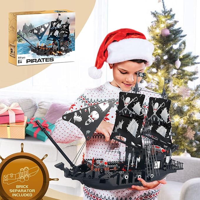 BRICK STORY 809-Piece Black Pirate Ship Building Set with Mini Figures for Kids Age 8+