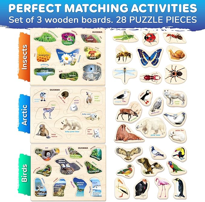QUOKKA Wooden Puzzles for Toddlers 1-3 – 3xSET Kids Puzzles Ages 2-4 – Montessori Toy Puzzles for Toddlers 3-5 – Wood Toy Learning Realistic Insects - Arctic Animals - Birds for Boy and Girl