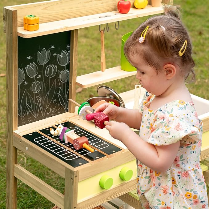 Giant bean Mud Kitchen Playset for Kids, Deluxe Wooden Toy Play Kitchen Set for Boys and Girls Ages 3-8 Indoor & Outdoor Activities, with Sand and Water Sink, Cookware Pots