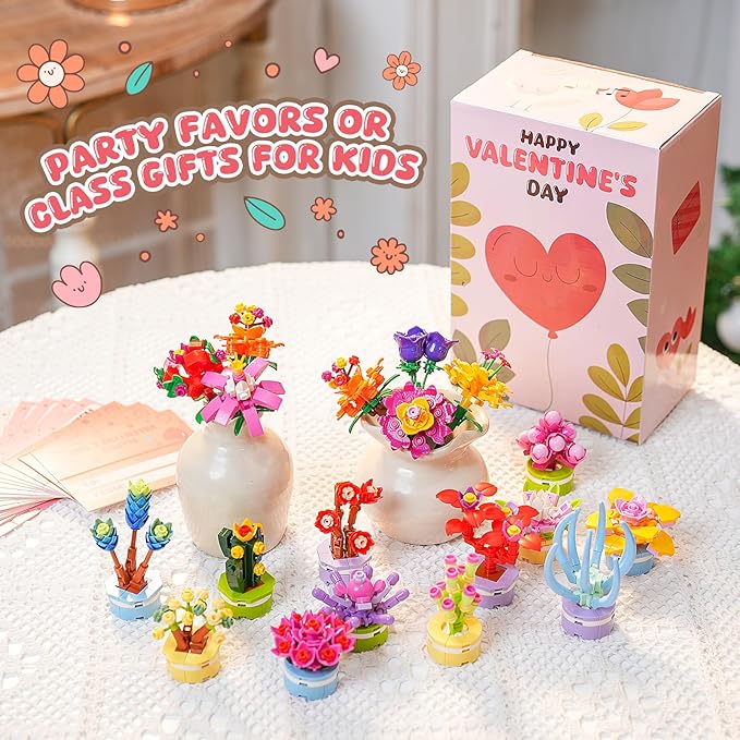 Valentines Day Gifts for Kids, Valentines Day Cards for Kids School with Flower and Succulents Building Blocks, Ideal for Kids Classroom Gift Exchange Building Set, Valentine Party Favor, 24 Packs