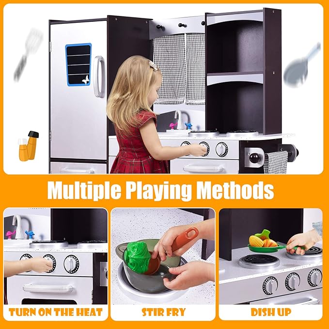 Costzon Kids Kitchen Playset, Wooden Toddler Kitchen Toy Set with Realistic Sound, Microwave, Oven, Refrigerator, Chalkboard & Towel Rack, Pretend Play Kitchen, Gift for Boys Girls (Coffee)