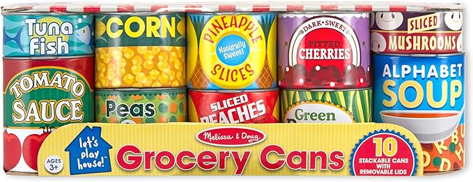 Melissa & Doug Let's Play House! Grocery Cans Play Food Kitchen Accessory ,3+ years- 10 Stackable Cans With Removable Lids