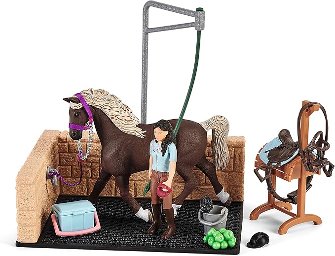 Schleich Horse Club — 19-Piece Equestrian Washing Area Horse Playset with Horse and Rider Figurines, Washing Stall with Moving Swivel Hose Arm, Horse Toys for Girls & Boys Ages 5+
