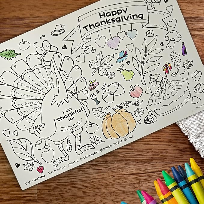 4E's Novelty Thanksgiving Placemat Activity Kids Coloring Placemats for Kids & Adults, 11x17 Paper Disposable Placemats Crafts Bulk, 12 Pack, Thankful Activities for Family Dinner Table