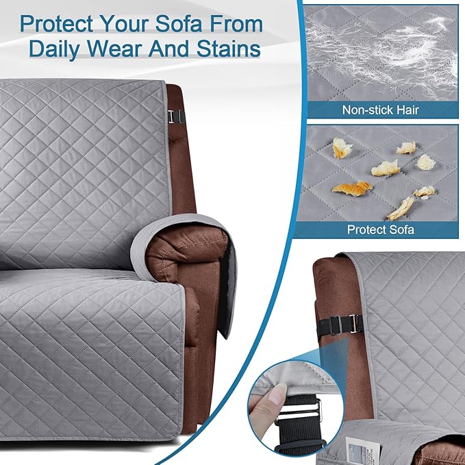 KinCam 100% Waterproof Recliner Chair Cover, Reclining Couch Covers for Pets, Dogs, Recliner Couch Slipcover Furniture Protector with Elastic Straps for Kids(23.6", Light Gray)
