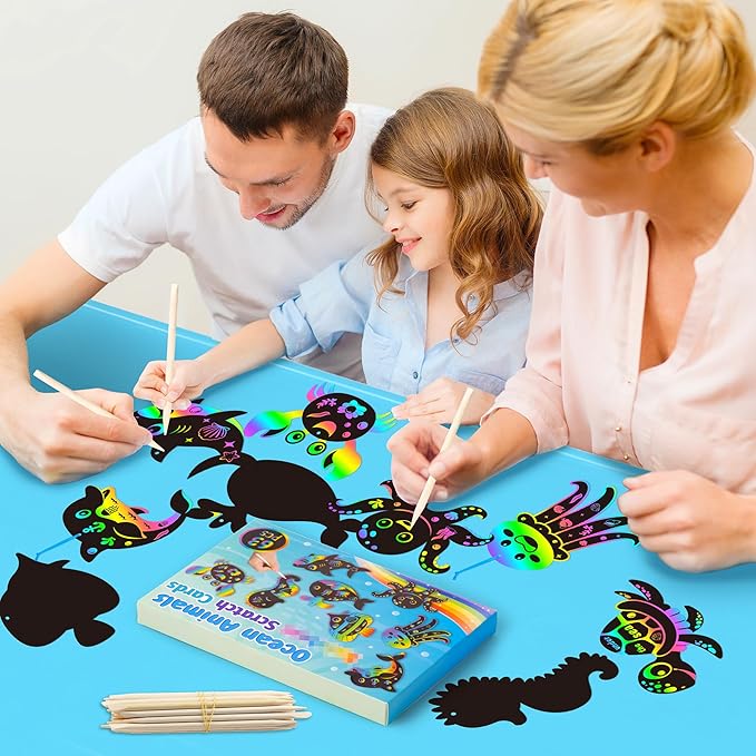 CY2SIDE Ocean Animals Scratch Cards - 63PCS DIY Under The Sea Magic Art Rainbow Color Craft Scratch Kit for Kids Dolphin Tortoise Scratch Card Art Kit for Kids Birthday Party Favors School Activity