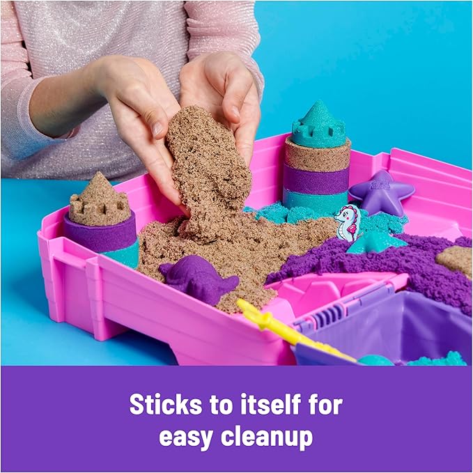 Kinetic Sand, Mermaid Palace Playset with 2.06lbs Play Sand (Neon Purple, Shimmer Teal & Beach), Tools & Folding Sandbox, Sensory Toys for Kids