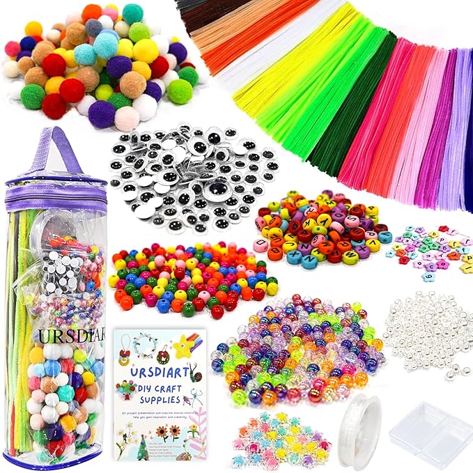 URSDIART 1000+Pcs Art and Craft Supplies, Colored Beads and Pipe Cleaners Crafts, Art Supplies DIY Craft Kit Beads for Bracelets Making Jewelry Necklace, Gift for Girls and School Supplies