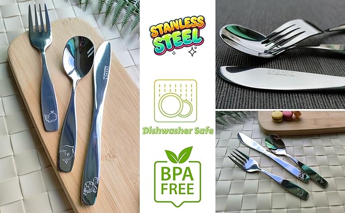 Exzact Children Flatware 6pcs, Stainless Steel Kids Silverware Toddler, Dishwasher Safe, BPA Free, 24M+, Engraved Ocean Creatures Dolphin, Turtle, Whale