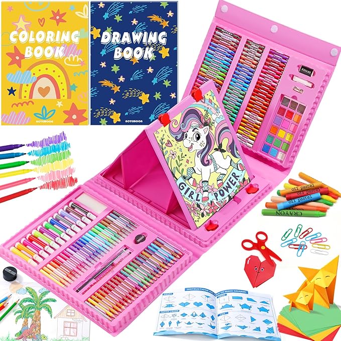 All in One Art Supplies, Art Kit Includes Easel, Origami Paper, Colored Pencils, Crayons, Drawing Book, Coloring Book, Watercolor Pens, Markers and Oil Pastels, Gifts for Girls Boys Teens, Pink