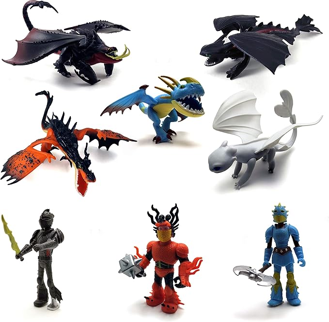 Toysvill Dragons & Vikings Action Figures | Light Fury, Night Fury, Deathgripper, Monstrous Nightmare, Deadly Nadder, Hiccup, Astrid Hofferson, Snotlout Jorgenson | Set of 8 Pcs