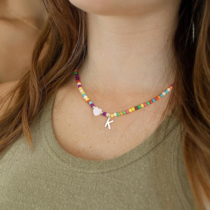 Ursteel Colorful Initial Cute Necklaces for Girls - Trendy Beaded Choker Necklace for Women Teen Girl, Handmade Letter Necklace Gifts for Women Girls Jewelry