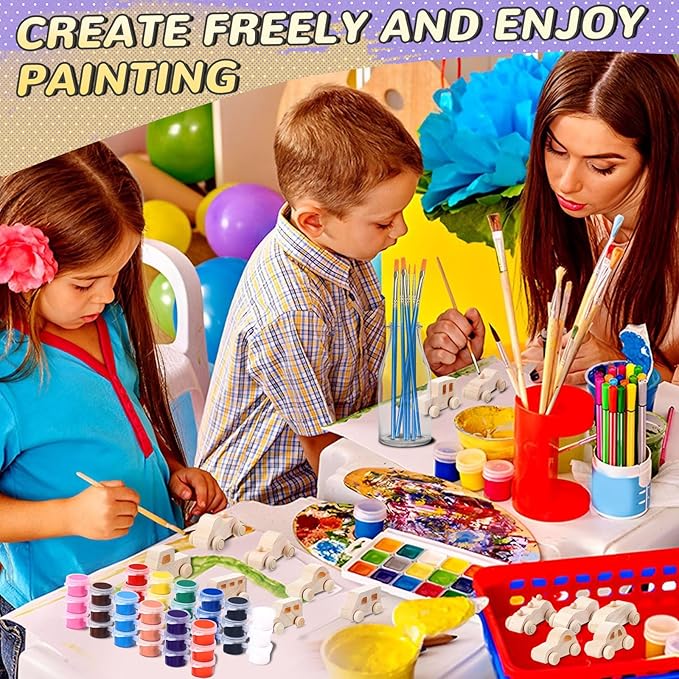 WOWOSS 14 Pcs Wooden Cars to Paint, Unfinished Wooden Craft Painting Toys for Students, Race Car Paint Party Birthday Party Favors, with 3 Sets of Paint & 5 Car Sticker Sheets