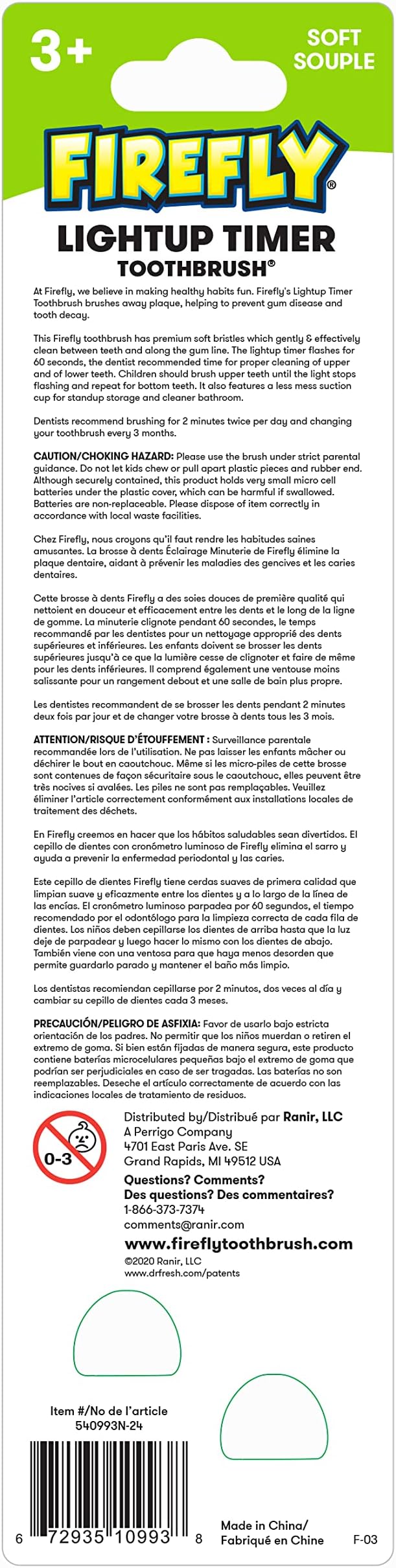 FIREFLY Light-Up Timer Kids Toothbrush with Suction Cup, Soft - 2 Count (Pack of 2), Assorted