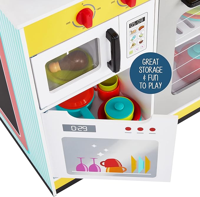 Lil' Jumbl Double-Sided Restaurant Playset for Kids, Wooden Pretend Diner Set, Kitchen Set with Cash Register, Burners, Faucet & Dispenser are Battery Operated and Make Realistic Sound & Light