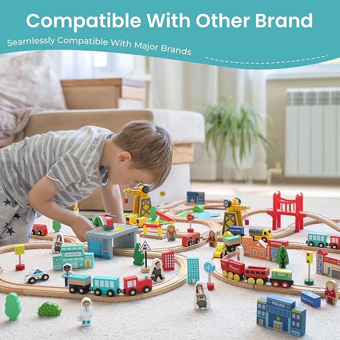 Tiny Land Wooden Train Set for Toddler - 39 Pcs- with Wooden Tracks fits Thomas, fits Brio, fits Chuggington, fits Melissa and Doug - Expandable, Changeable-Train Toy for 3 4 5 Years Old Girls & Boys