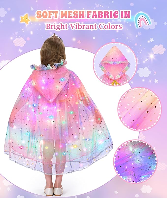 Princess Dress Up for Girls, Light up Princess Cape Princess Dress Costume Crown Wand Gifts for Toddler Girls 3 4 5 6