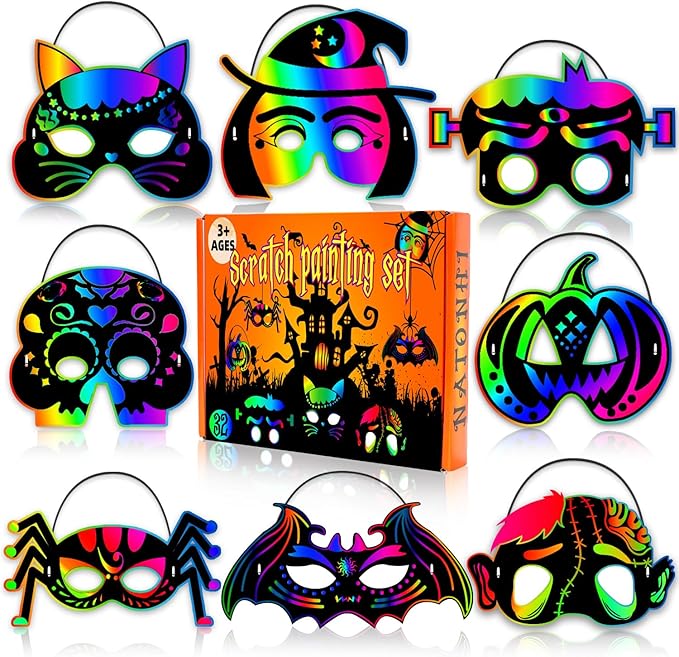 Natonhi 32Pcs Halloween Crafts for Kids Rainbow Scratch Mask, Halloween Games Scratch Art and Craft Kit Halloween Classroom Activities Favors Party Supplies