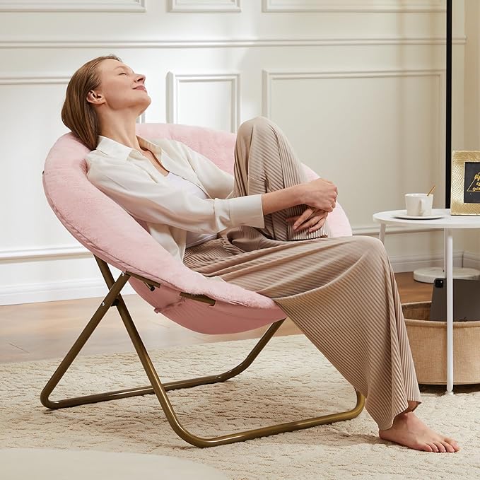 DUMOS Comfy Saucer Chairs, Faux Fur Lounge Bedroom Living Room Flexible Folding Seating for Kids Adults Soft Padded Metal Frame Modern for Home Office Pink