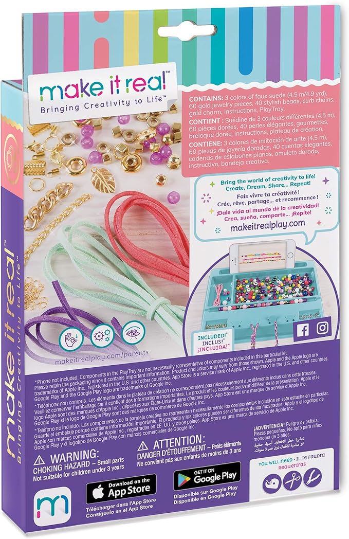 Make It Real: Gold-Link Suede Bracelets Kit - Create 6 Unique Cord & Tassel Charm Bracelets, 105 Pieces, Includes Play Tray, DIY Link & Bead Jewelry Kit, Tweens & Girls, Arts & Crafts, Kids Ages 8+
