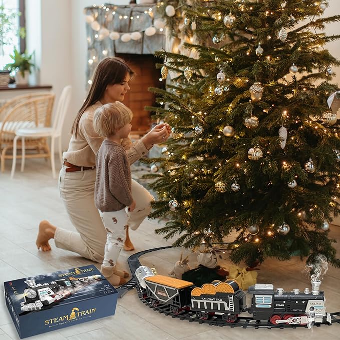 Electric Train Set Christmas Train Toys w/Smokes,Lights& Sound (ON/Off) Kids Rechargeable Train Set w/Steam Locomotive, Cargo Cars & Tracks Christmas Birthday Gift for Boys Girls 3 4 5 6 7