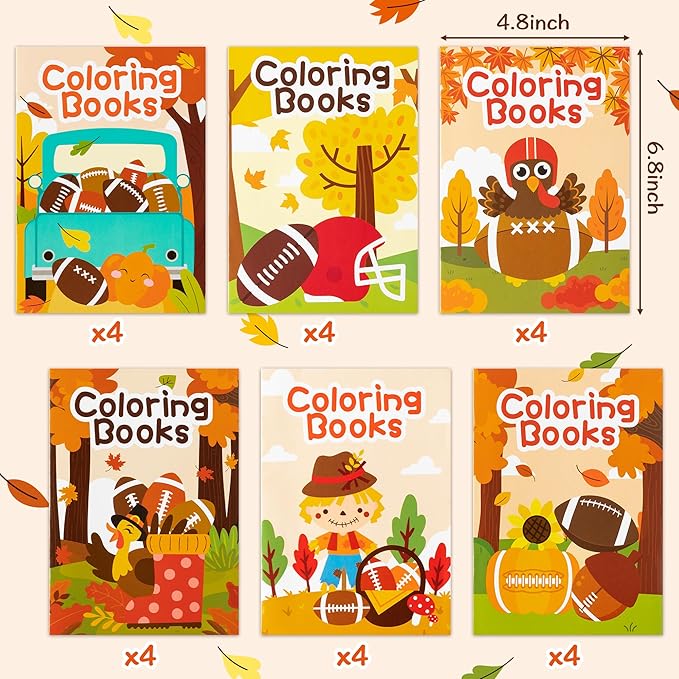 Dvbonike 24Pcs Fall Football Coloring Books Thanksgiving DIY Color-in Pages Maple Leaves Pumpkin Turkey Drawing Booklet Party Favors Gifts Home Classroom Art Activity Supplies for Kids Toddlers