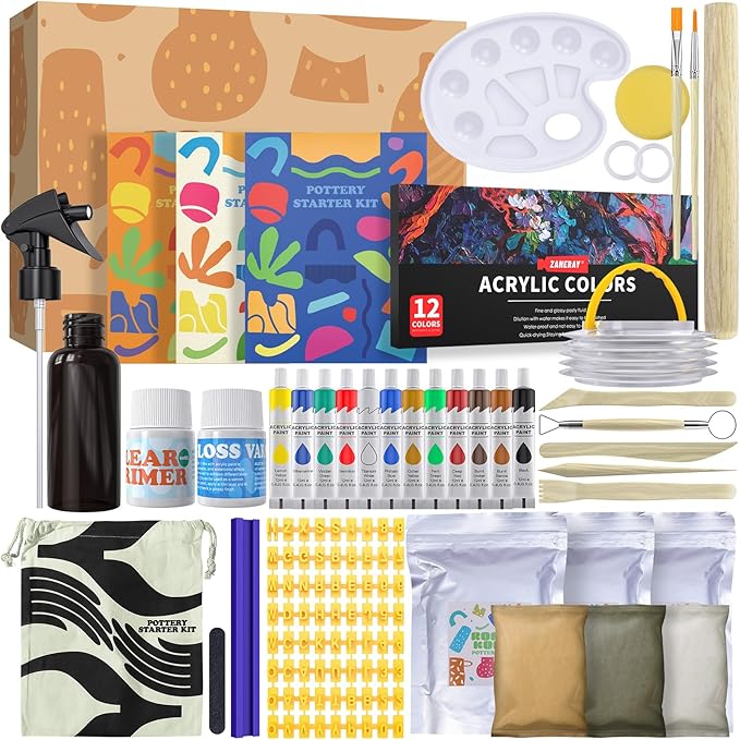 Air Dry Clay for Adults Kids - Pottery Kit for Beginners, Sculpting Tools Set, How-to-Guides, Paints, Brushes, Sponge, Varnish, Letter Stamps, Frosted Strip, Perfect for Party Holiday Craft Gift
