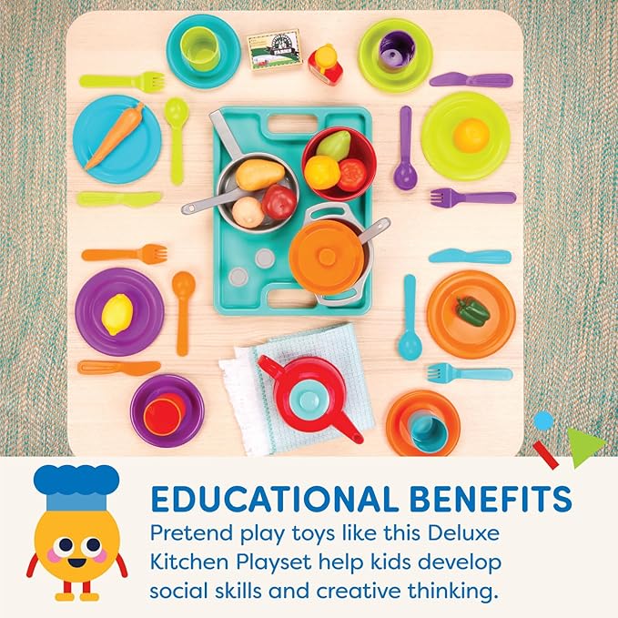 Battat – Toy Kitchen Set – 71Pc Pretend Cooking Accessories – 4 Table Settings & Cutlery – Dishwasher Safe & Worry-Free – 2 Years + – Deluxe Kitchen Playset