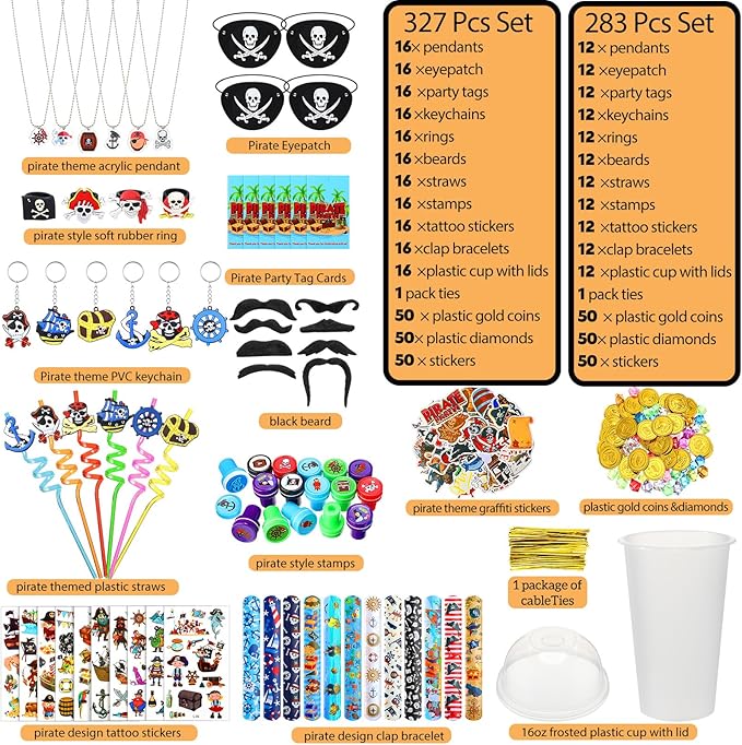 Spakon 327 Pcs Pirate Party Favors Supplies Halloween Party Include Pirate Pendants Bracelets Cup Straw Keychains Rings Eye Masks Mustache Tattoo Stickers Gold Coins Cards for Birthday Party