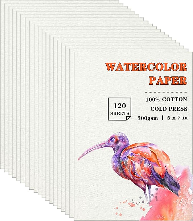 Silunkia 120 Sheets 100% Cotton Watercolor Paper 5 x 7 Inch, 140lb/300gsm Heavyweight Art Paper Cold Pressed Off White Paper for Kids Students Adults Beginner Artists Drawing Valentine Gift Cards