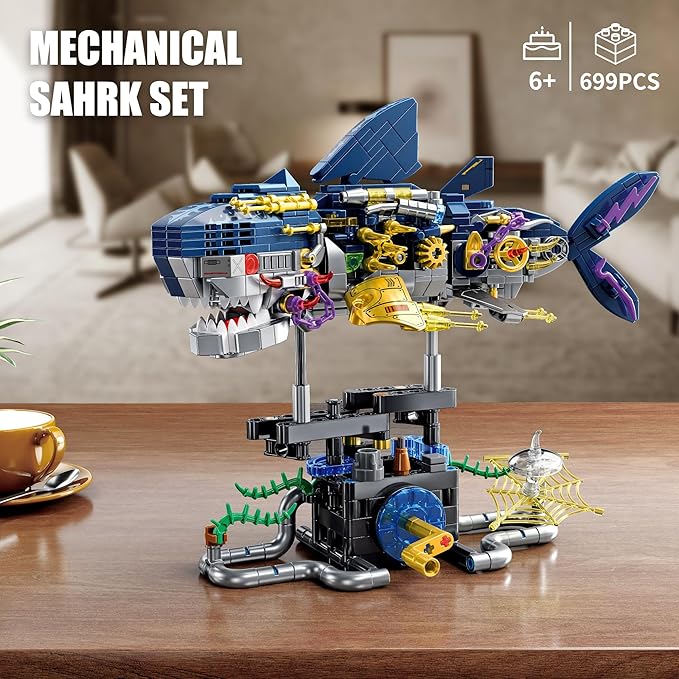 TYCOLE Mechanical Shark Building Set,Sea Animal Toy Kit with Rotatable Function and Display Stand,Creative STEM Toy Compatible with Legos,Christmas Birthday Gift for Adults and Kids 8-12(699PCS)