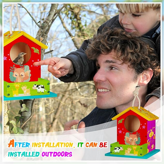 Liliful 6 Pack Wooden Birdhouse Kit DIY Bird House with Paint and Paintbrushes Art and Crafts Painting Kits for Boys Girls Adults Build Paint Classroom Birthday Indoor Outdoor Craft