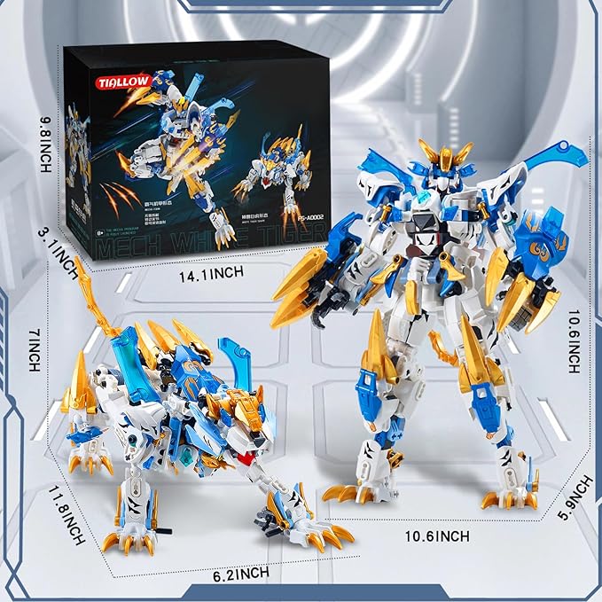Mech Building Blocks Action Figure Toys, 2in1 White Tiger Transforming Robot Building Set, Converts to Tiger Model, for Adults Kids Boys Ages 8+（515 Pieces） (White Tiger)