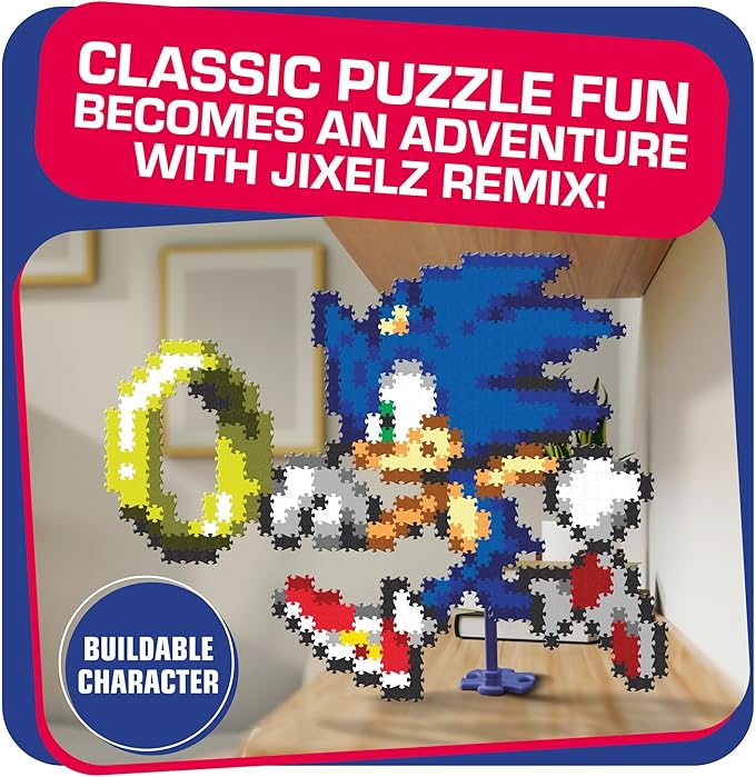 Jixelz Remix Sonic The Hedgehog Craft Kit - Sonic and Ring - No Heat or Glue Required - STEM Building Toys - Pixel Art for Bedroom or College Dorm Room Decor - 700+ Pieces - Ages 8 Years and Up