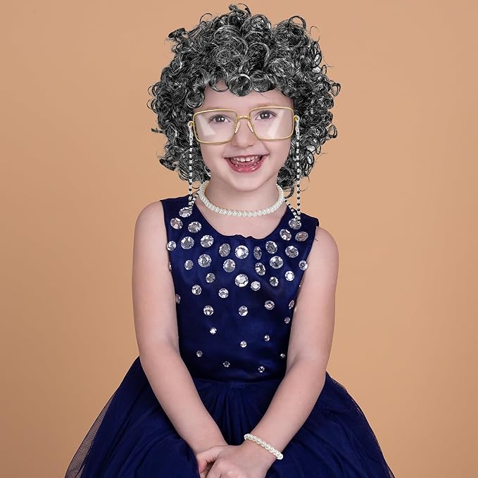 Old Lady Costume for Kids, Dark Gray Curly Wig Glasses Wig Cap Pearl Necklace Bracelet for 100 Days of School Costume
