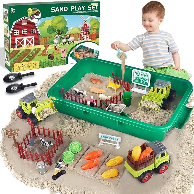 Farm Sensory Bin, Farm Toys & 2.2lbs Play Sand, Farm Animals, Farm Trucks, Sand Box with Lid, Christmas Birthday Gift for Kids Toddlers Ages 3 4 5 6 7 8