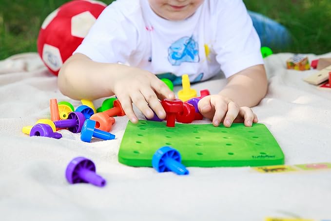 Toddler Peg Board Sensory Toys/Montessori Toys for Toddlers/Fine Motor Skills Toys/Educational Toys / 30 Pieces Stackable Pegs + Pattern Card + Drawstring Backpack + E-Book