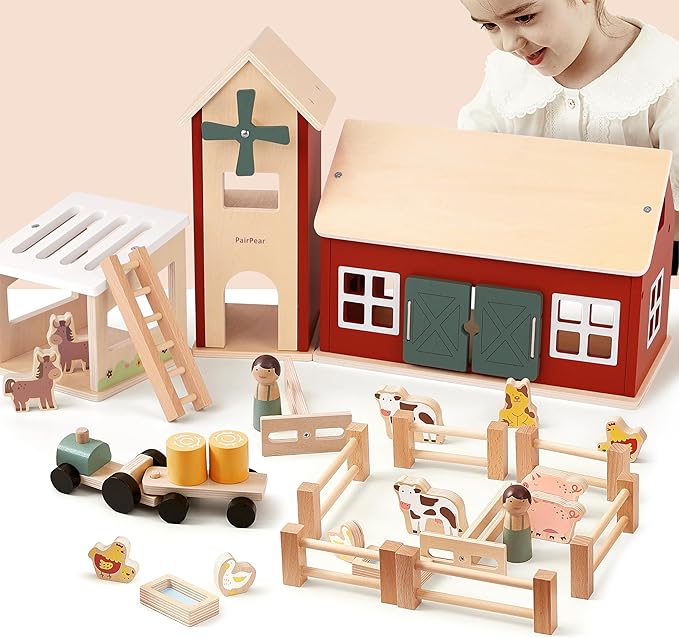 PairPear Wooden Barn Farm Toys with Farm Animals Figures and Tractor, Educational Stacking Learning Toys Gift for Toddler Girls Boys 3+