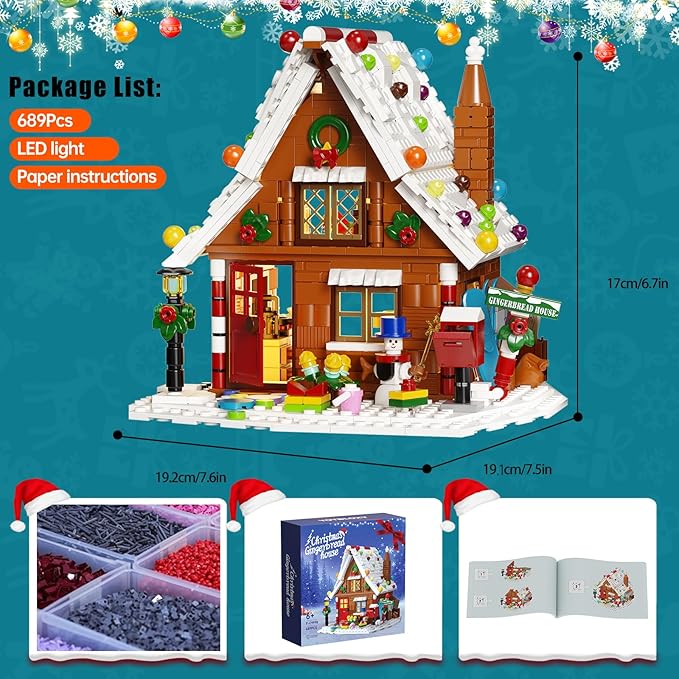 Christmas Gingerbread House Building Kit with LED Lights, Christmas Village House Blocks Set, Compatible with Lego, Xmas Decorative Gifts for Girls and Boys, Kids and Adults, Ages 6+