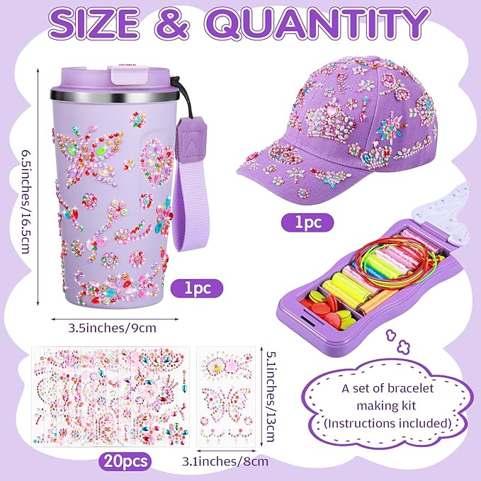 Decorate Your Own Water Bottle and Baseball Cap Bracelet Making Kit Set DIY Arts and Crafts Gifts for Girls Butterfly Gems Crafts Stickers for Girls Christmas Birthday Gifts(Purple)