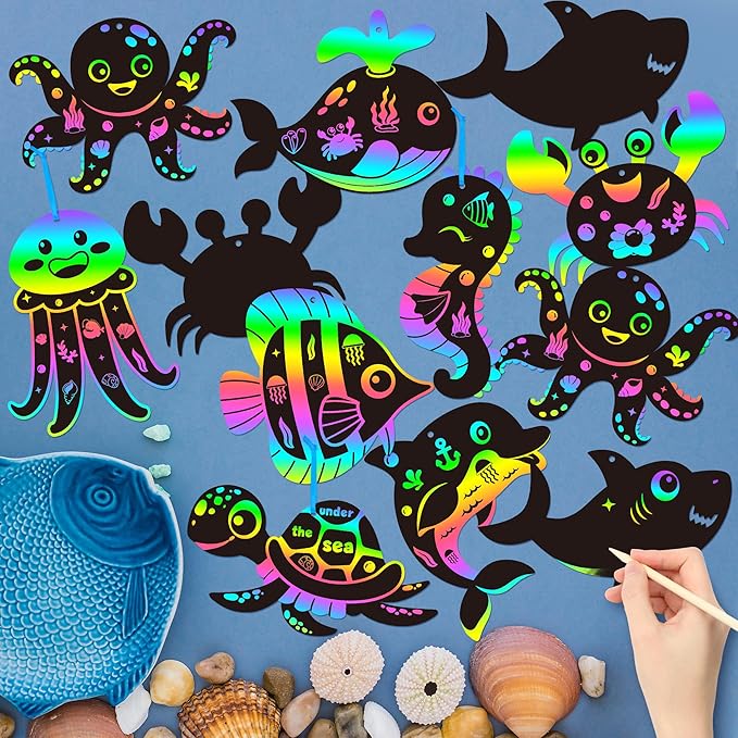 CY2SIDE Ocean Animals Scratch Cards - 63PCS DIY Under The Sea Magic Art Rainbow Color Craft Scratch Kit for Kids Dolphin Tortoise Scratch Card Art Kit for Kids Birthday Party Favors School Activity