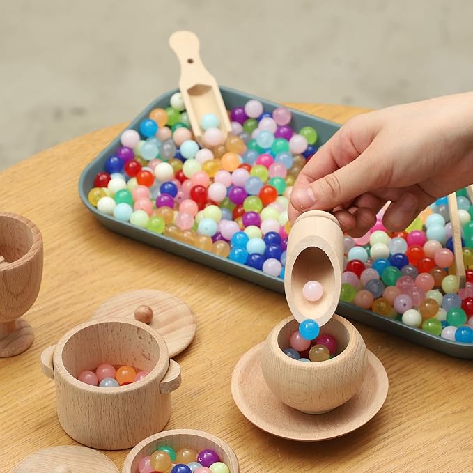 Blue Ginkgo Sensory Bin Tools – Montessori Fine Motor Skills Learning Set for Toddlers and Kids Pretend Play [9 PC] Kitchen Wooden Set with Scoops, Bamboo Tongs