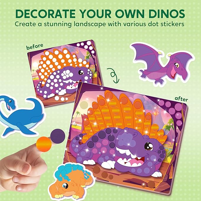 Klever Kits Dot Art Kit for Kids, No Mess Sticker for Toddler 3-7, Craft Kits, DIY Creative Activity, Travel Toy, Birthday Gifts for Boys Girls (Dinosaur)