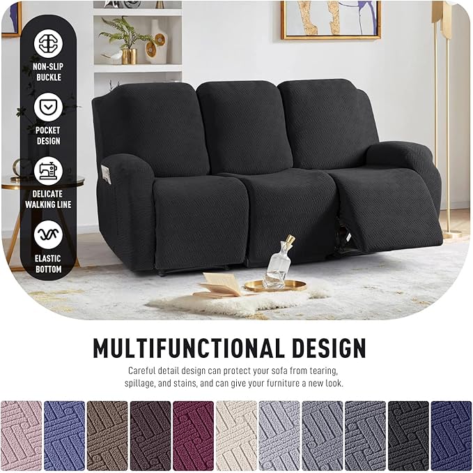 KinCam Recliner Covers, Stretch Reclining Chair Covers, Recliner Sofa Slipcovers Stripe Jacquard Recliner Couch Covers Furniture Protector Covers for Pet Kid (3 Seater, Black)