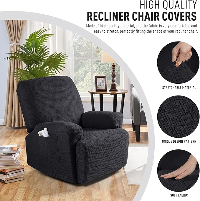 KinCam Recliner Covers, Stretch Reclining Chair Covers, Recliner Sofa Slipcovers Stripe Jacquard Recliner Couch Covers Furniture Protector Covers for Pet Kid (1 Seater, Black)