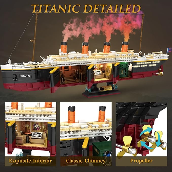 Titanic Building Set, 2288 Pcs Titanic Big Ship Model Block Set with Glacier and Glowing Light Strip, Giant Ship Building Model Set for Adults and Kids