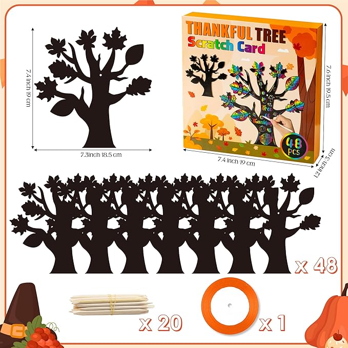 BeYumi Fall Trees Scratch Cards - 48Pcs Fall Thankful Leaves Trees Scratch Cards for Kids Thanksgiving DIY Magic Fall Tree Hanging Scratch Paper Thankful Craft Supplies School Classroom Fun Activities