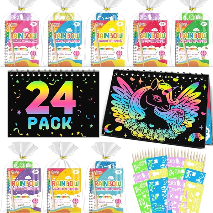 Kids Art Party Favors Gifts: 24 Pack Rainbow Scratch Art Notebook Paper Birthday Party Favor Toy Girls Boys Art Craft Kit Bulk Classroom Goodie Bags Gift Stocking Stuffers Halloween