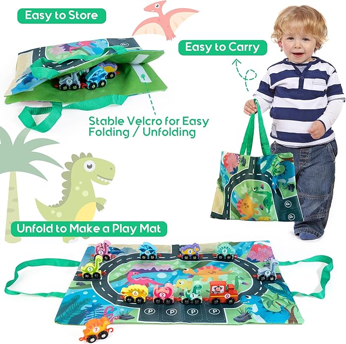 Dinosaur Toys for Toddlers Age 2-4, Wooden Dinosaur Train Set with Playmat/Storage Bag, Montessori Educational Toys for 2+ Years Old Boys & Girls