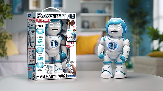 Lexibook Powerman Kid - Educational and Bilingual English/Spanish Robot - Walking Talking Dancing Singing Toy - STEM Programmable Telling Creating Stories - Quizzes Shooting Discs for Kids - ROB90US